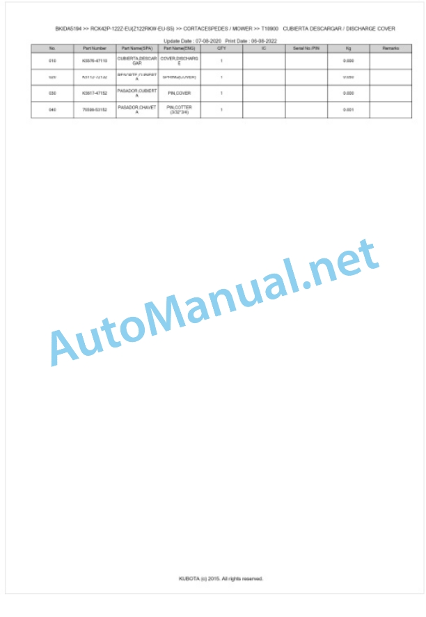 Kubota RCK42P-122Z-EU(Z122RKW-EU-S5) Parts Manual PDF BKIDA5194 5 Kubota RCK42P-122Z-EU(Z122RKW-EU-S5) Parts Manual PDF BKIDA5194-5