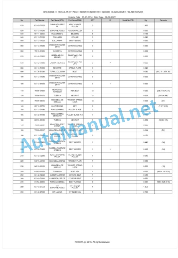 Kubota RCK44LT17(T1760) Parts Manual PDF BKIDK0398 4 Kubota RCK44LT17(T1760) Parts Manual PDF BKIDK0398-4