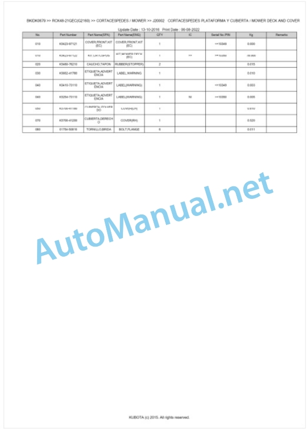 Kubota RCK48-21GEC(G2160) Parts Manual PDF BKIDK0679 4 Kubota RCK48-21GEC(G2160) Parts Manual PDF BKIDK0679-4