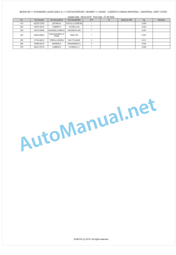 Kubota RCK48GREU-2(GR2120EU-3) Parts Manual PDF BKIDA5165 5 Kubota RCK48GREU-2(GR2120EU-3) Parts Manual PDF BKIDA5165-5