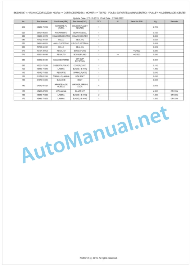Kubota RCK48GZD(F)(GZD21-HD(F)) Parts Manual PDF BKIDK5017 3 Kubota RCK48GZD(F)(GZD21-HD(F)) Parts Manual PDF BKIDK5017-3