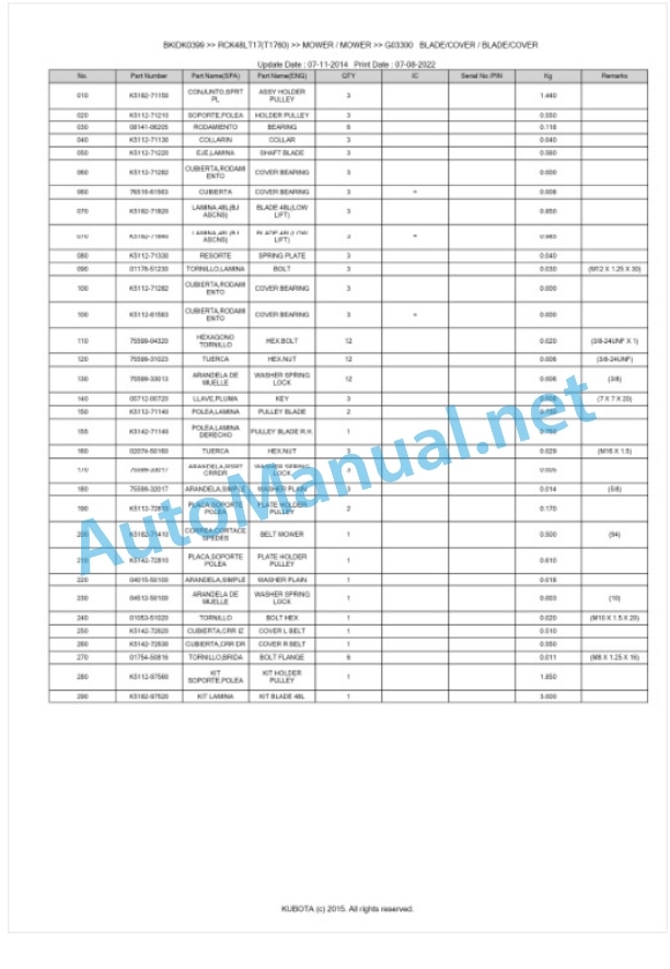 Kubota RCK48LT17(T1760) Parts Manual PDF BKIDK0399 4 Kubota RCK48LT17(T1760) Parts Manual PDF BKIDK0399-4