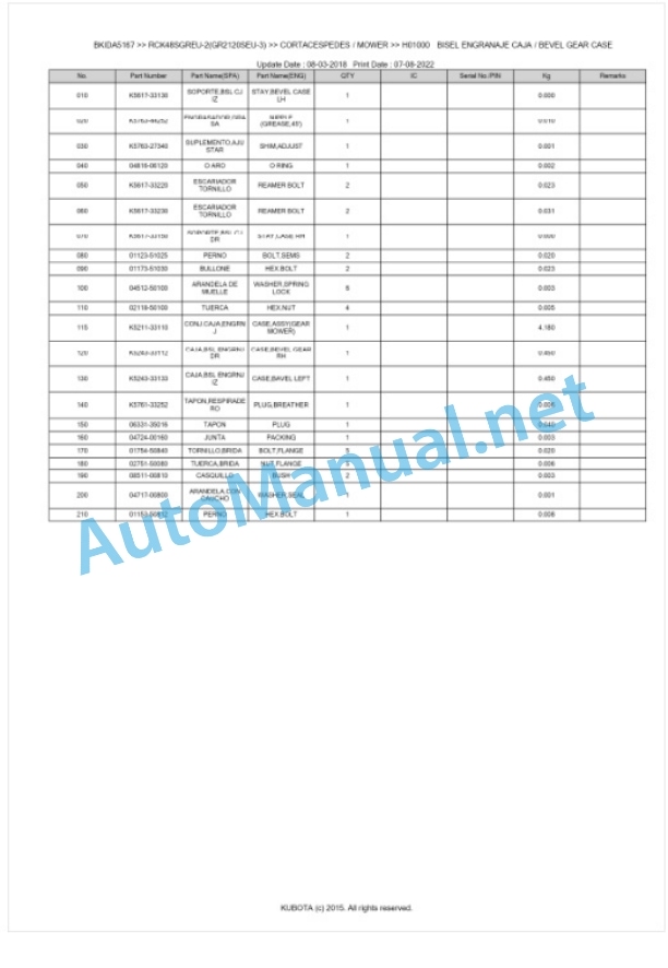 Kubota RCK48SGREU-2(GR2120SEU-3) Parts Manual PDF BKIDA5167 2 Kubota RCK48SGREU-2(GR2120SEU-3) Parts Manual PDF BKIDA5167-2