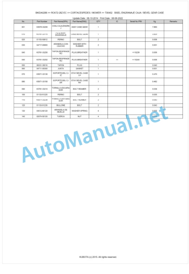 Kubota RCK72-28Z-EC Parts Manual PDF BKIDA0288 2 Kubota RCK72-28Z-EC Parts Manual PDF BKIDA0288-2