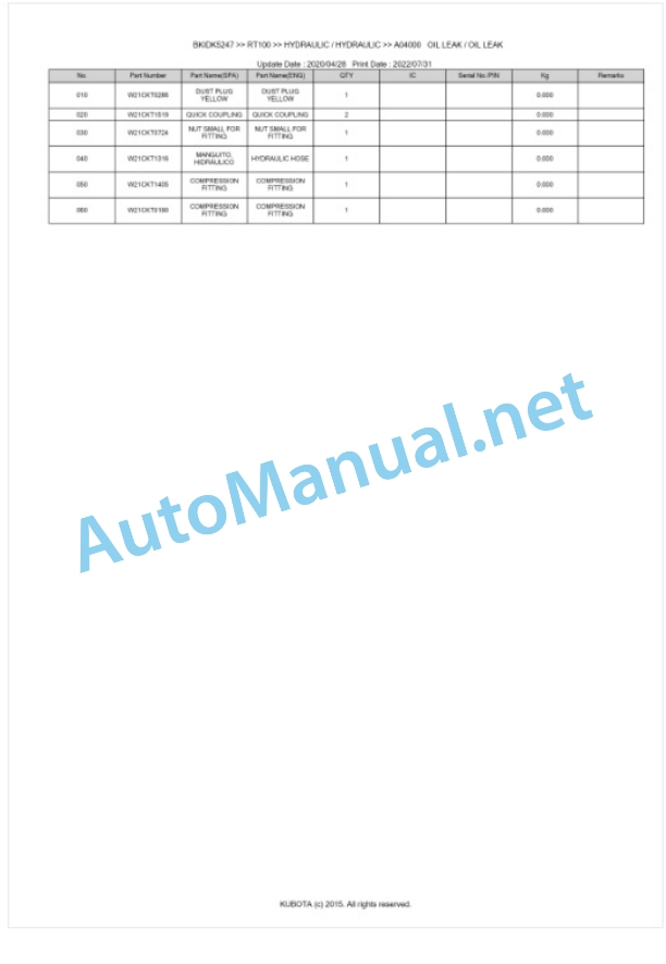 Kubota RT100 Parts Manual PDF BKIDK5247 5 Kubota RT100 Parts Manual PDF BKIDK5247-5