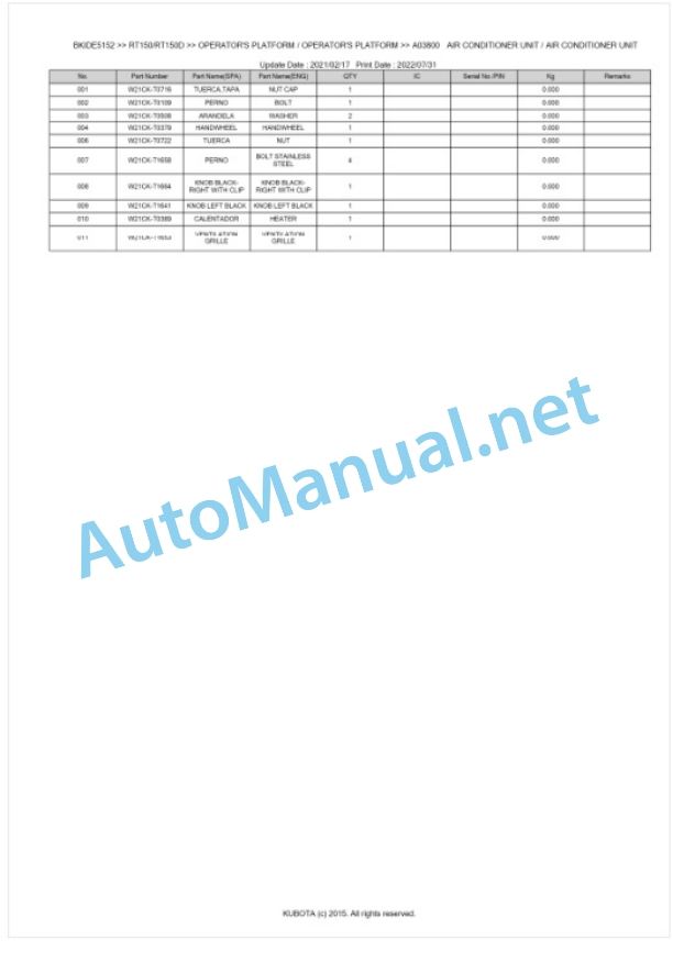 Kubota RT150, RT150D Parts Manual PDF BKIDE5152 5 Kubota RT150, RT150D Parts Manual PDF BKIDE5152-5