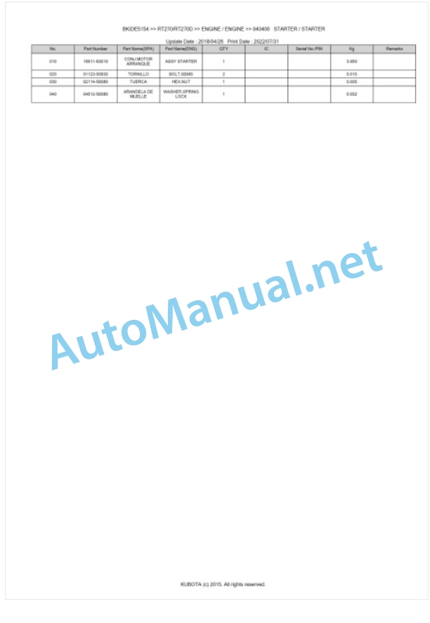 Kubota RT270, RT270D Parts Manual PDF BKIDE5154 2 Kubota RT270, RT270D Parts Manual PDF BKIDE5154-2