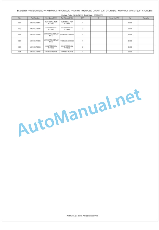 Kubota RT270, RT270D Parts Manual PDF BKIDE5154 4 Kubota RT270, RT270D Parts Manual PDF BKIDE5154-4