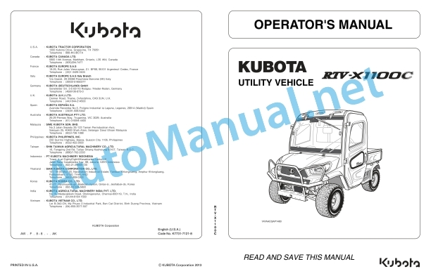 Kubota RTV-X1100C Utility Vehicle Operators Manual PDF