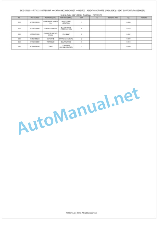Kubota RTV-X1110TWEU, RTV-X1110TREU Parts Manual PDF BKIDK5326 5 Kubota RTV-X1110TWEU, RTV-X1110TREU Parts Manual PDF BKIDK5326-5