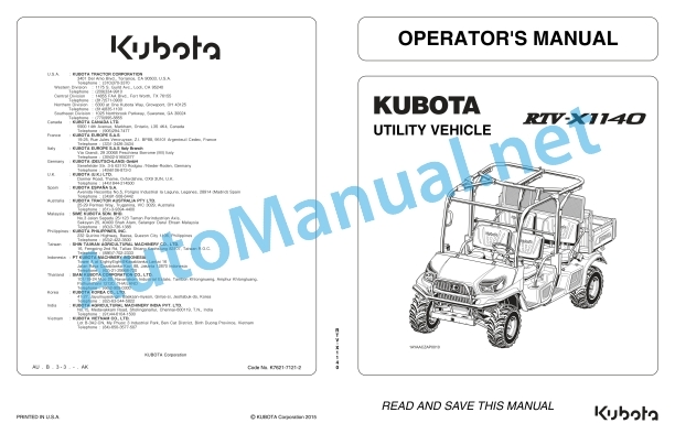 Kubota RTV-X1140 Utility Vehicle Operators Manual PDF
