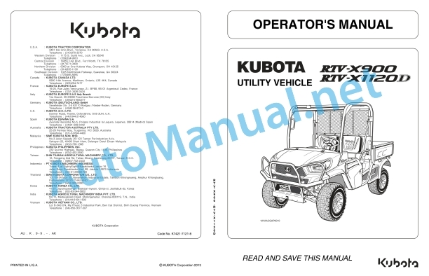 Kubota RTV-X900, RTV-X1120D Utility Vehicle Operators Manual PDF