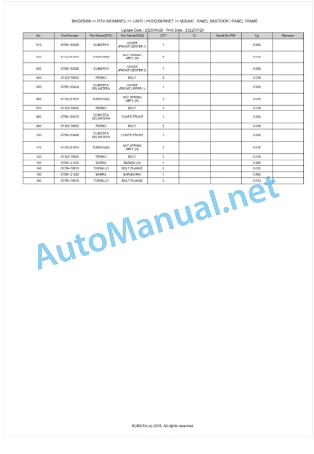 Kubota RTV-X900MWEU, RTV-X900MREU Parts Manual PDF BKIDK5086 5 Kubota RTV-X900MWEU, RTV-X900MREU Parts Manual PDF BKIDK5086-5
