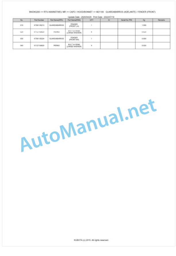 Kubota RTV-X900N5TWEU, RTV-X900N5TREU Parts Manual PDF BKIDK5283 5 Kubota RTV-X900N5TWEU, RTV-X900N5TREU Parts Manual PDF BKIDK5283-5