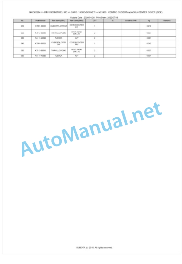 Kubota RTV-X900N5TWEU, RTV-X900N5TREU Parts Manual PDF BKIDK5284 5 Kubota RTV-X900N5TWEU, RTV-X900N5TREU Parts Manual PDF BKIDK5284-5