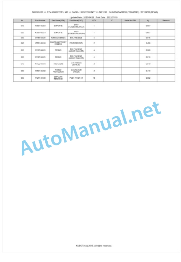 Kubota RTV-X900NTWEU, RTV-X900NTREU Parts Manual PDF BKIDK5180 5 Kubota RTV-X900NTWEU, RTV-X900NTREU Parts Manual PDF BKIDK5180-5