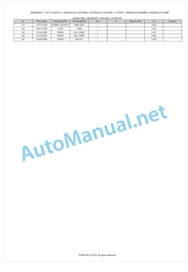 Kubota RTV1140CPX, RTV1140CPXR Parts Manual PDF BKIDK5062 4 Kubota RTV1140CPX, RTV1140CPXR Parts Manual PDF BKIDK5062-4