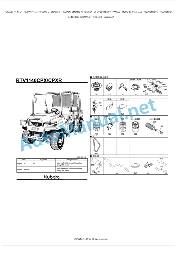 Kubota RTV1140CPX, RTV1140CPXR Parts Manual PDF BKIDK5063 1 Kubota RTV1140CPX, RTV1140CPXR Parts Manual PDF BKIDK5063
