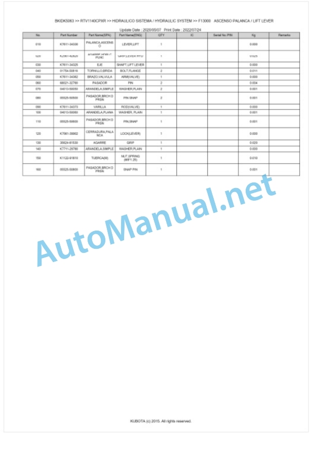 Kubota RTV1140CPX, RTV1140CPXR Parts Manual PDF BKIDK5063 4 Kubota RTV1140CPX, RTV1140CPXR Parts Manual PDF BKIDK5063-4