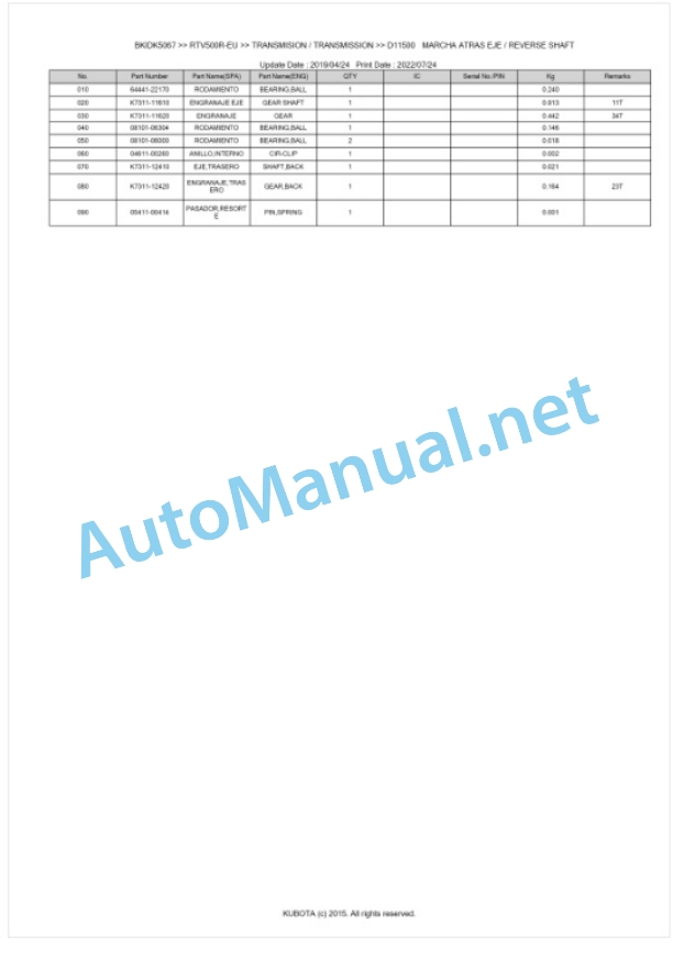 Kubota RTV500G, RTV500R Parts Manual PDF BKIDK5067 3 Kubota RTV500G, RTV500R Parts Manual PDF BKIDK5067-3