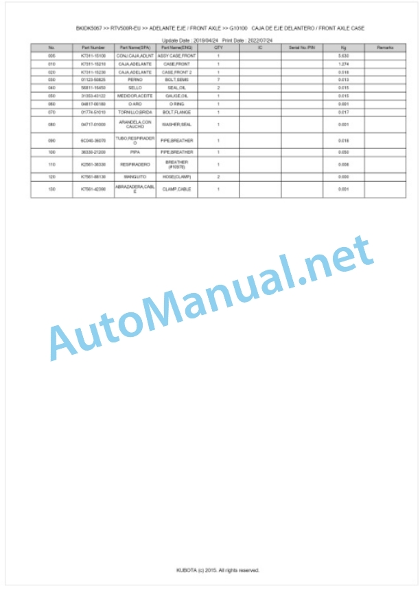Kubota RTV500G, RTV500R Parts Manual PDF BKIDK5067 4 Kubota RTV500G, RTV500R Parts Manual PDF BKIDK5067-4
