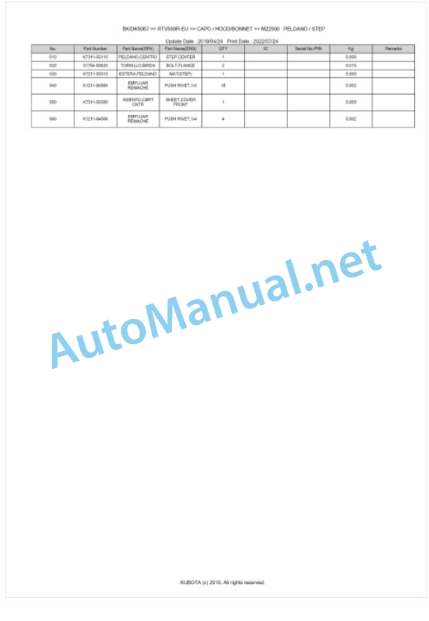 Kubota RTV500G, RTV500R Parts Manual PDF BKIDK5067 5 Kubota RTV500G, RTV500R Parts Manual PDF BKIDK5067-5