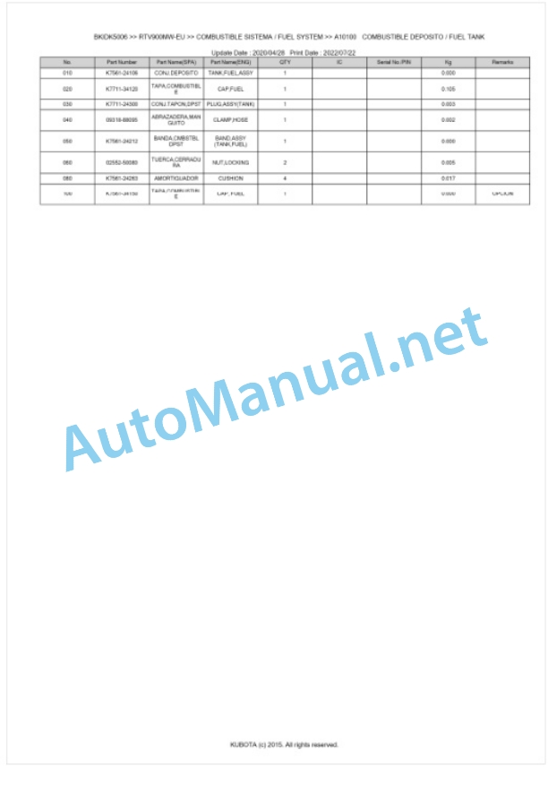 Kubota RTV900MG-EU, RTV900MW-EU, RTV900MR-EU Parts Manual PDF BKIDK5006 2 Kubota RTV900MG-EU, RTV900MW-EU, RTV900MR-EU Parts Manual PDF BKIDK5006-2
