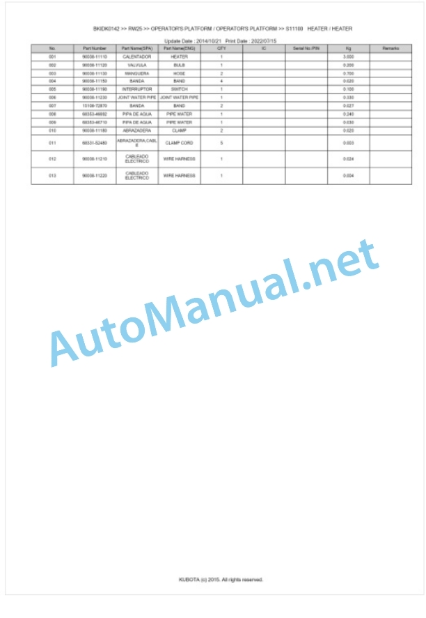 Kubota RW25 Parts Manual PDF BKIDK0142 5 Kubota RW25 Parts Manual PDF BKIDK0142-5