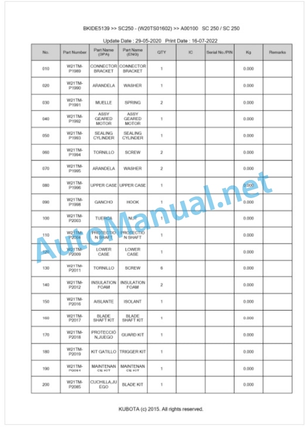 Kubota SC250 Parts Manual PDF BKIDE5139 2 Kubota SC250 Parts Manual PDF BKIDE5139-2