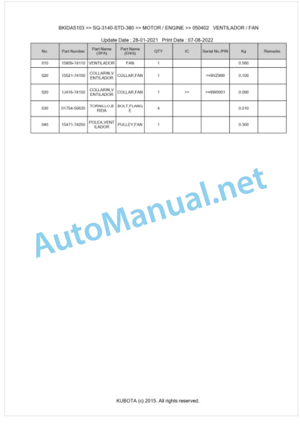 Kubota SQ-3140-STD-380 Parts Manual PDF BKIDA5103 4 Kubota SQ-3140-STD-380 Parts Manual PDF BKIDA5103-4