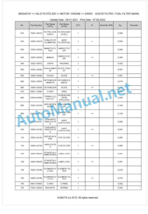 Kubota SQ-3170-STD-220 Parts Manual PDF BKIDA5101 3 Kubota SQ-3170-STD-220 Parts Manual PDF BKIDA5101-3