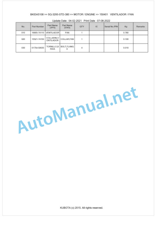 Kubota SQ-3200-STD-380 Parts Manual PDF BKIDA5108 4 Kubota SQ-3200-STD-380 Parts Manual PDF BKIDA5108-4