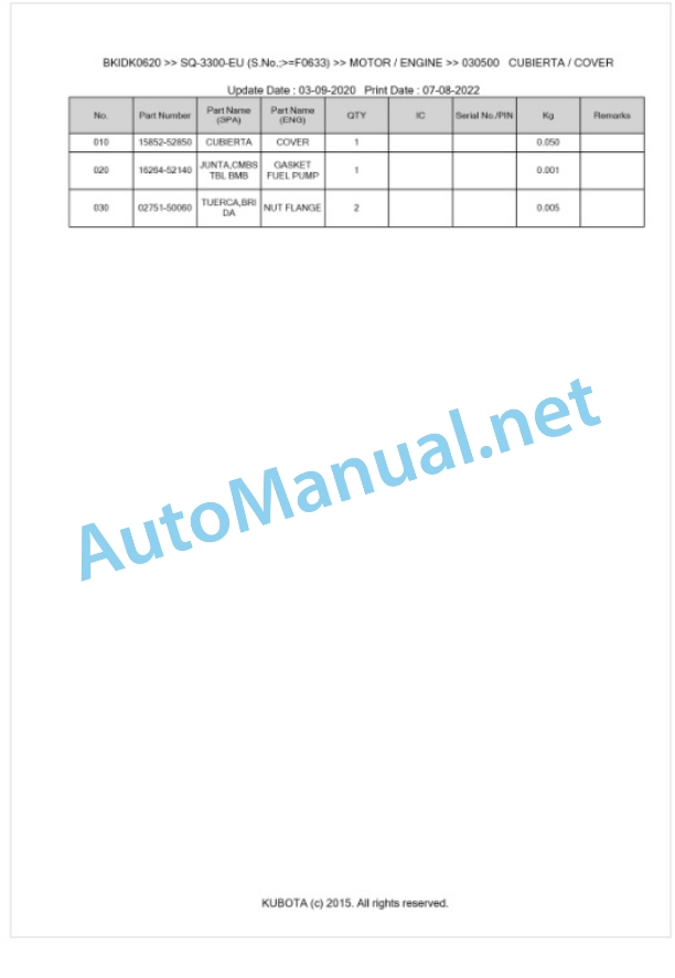 Kubota SQ-3300-EU Parts Manual PDF BKIDK0620 3 Kubota SQ-3300-EU Parts Manual PDF BKIDK0620-3