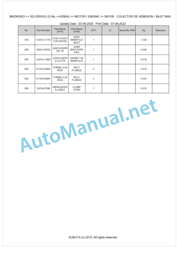 Kubota SQ-3300-EU Parts Manual PDF BKIDK0623 4 Kubota SQ-3300-EU Parts Manual PDF BKIDK0623-4