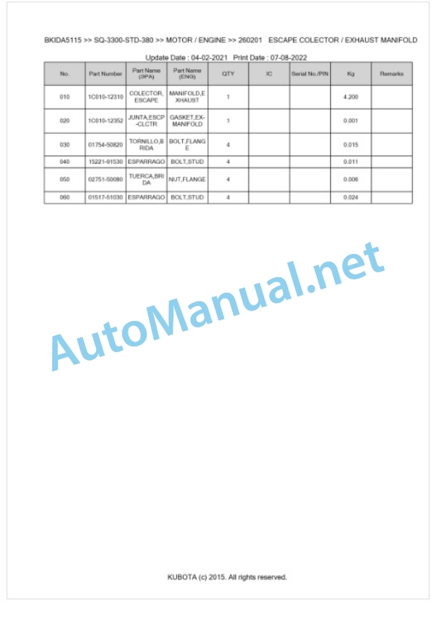 Kubota SQ-3300-STD-380 Parts Manual PDF BKIDA5115 4 Kubota SQ-3300-STD-380 Parts Manual PDF BKIDA5115-4