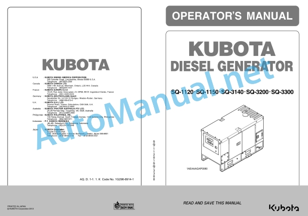 Kubota SQ1120, SQ1150, SQ3140, SQ3200, SQ3300 Diesel Generator Operators Manual PDF