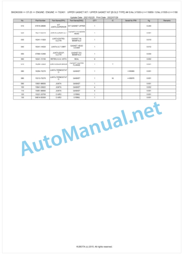 Kubota ST-25 Parts Manual PDF BKIDK0309 2 Kubota ST-25 Parts Manual PDF BKIDK0309-2