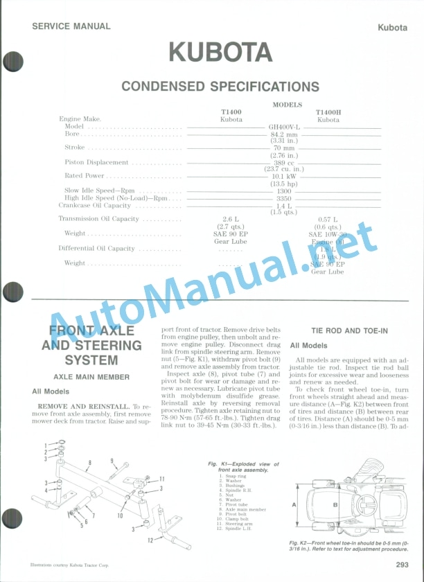 Kubota T1400, T1400H Service Manual PDF 1 Kubota T1400, T1400H Service Manual PDF