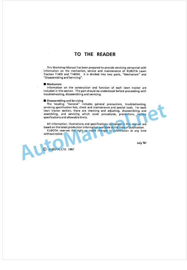 Kubota T1400, T1400H Workshop Manual PDF 1 Kubota T1400, T1400H Workshop Manual PDF