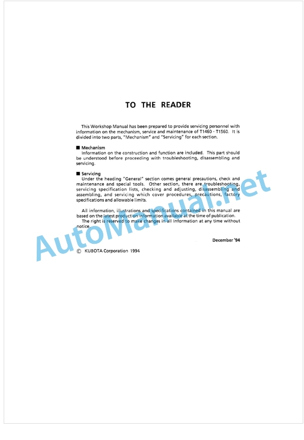 Kubota T1460, T1560 Workshop Manual PDF 1 Kubota T1460, T1560 Workshop Manual PDF