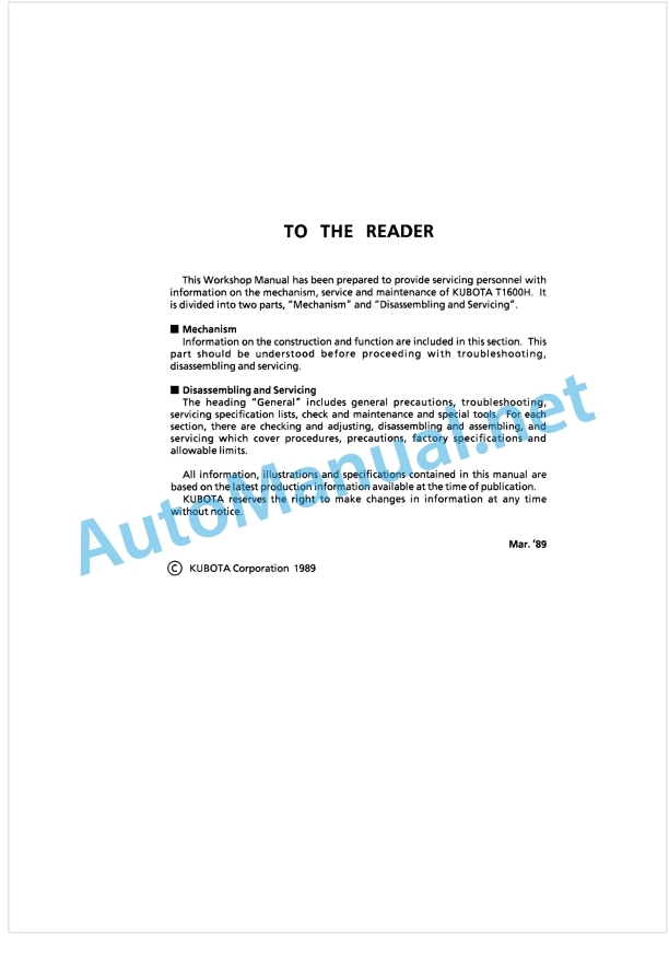 Kubota T1600H Workshop Manual PDF 1 Kubota T1600H Workshop Manual PDF