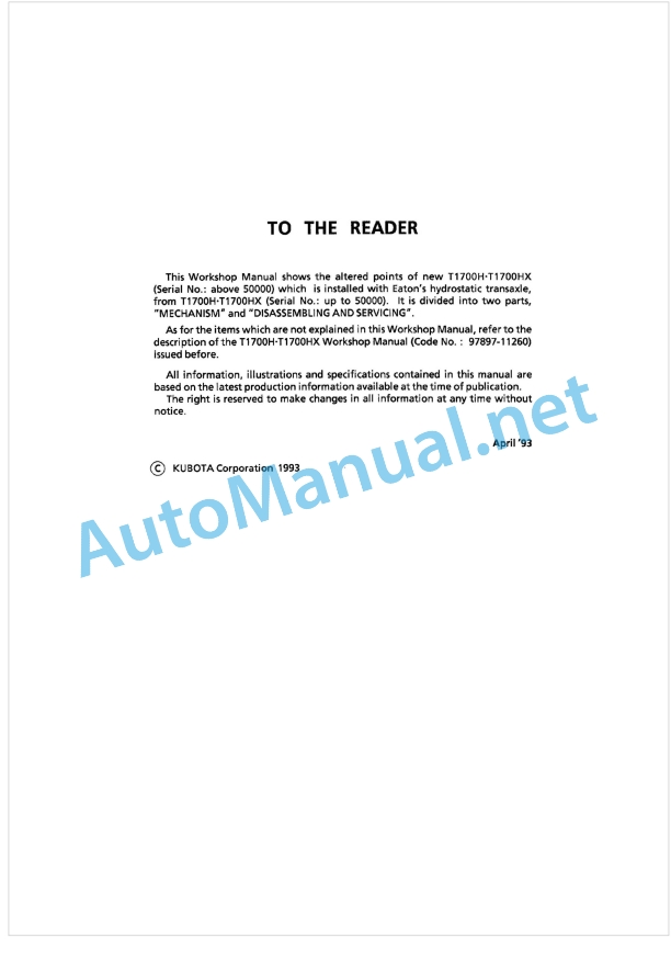 Kubota T1700H, T1700HX Workshop Manual PDF 1 Kubota T1700H, T1700HX Workshop Manual PDF