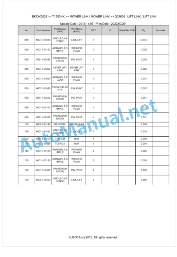 Kubota T1700HX Parts Manual PDF BKIDK0028 5 Kubota T1700HX Parts Manual PDF BKIDK0028-5