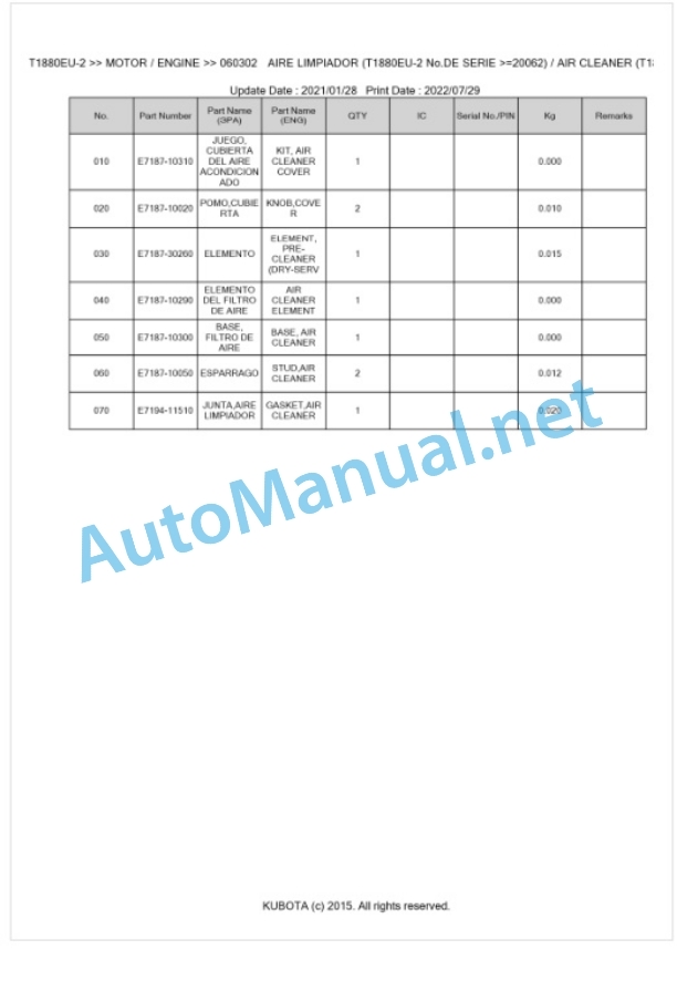 Kubota T1880EU-2 Parts Manual PDF BKIDA5080 3 Kubota T1880EU-2 Parts Manual PDF BKIDA5080-3