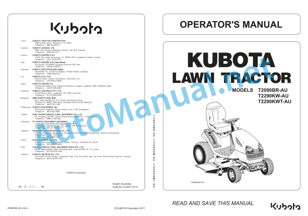 Kubota T2090BR-AU, T2290KW-AU, T2290KWT-AU Lawn Tractor Operators Manual PDF