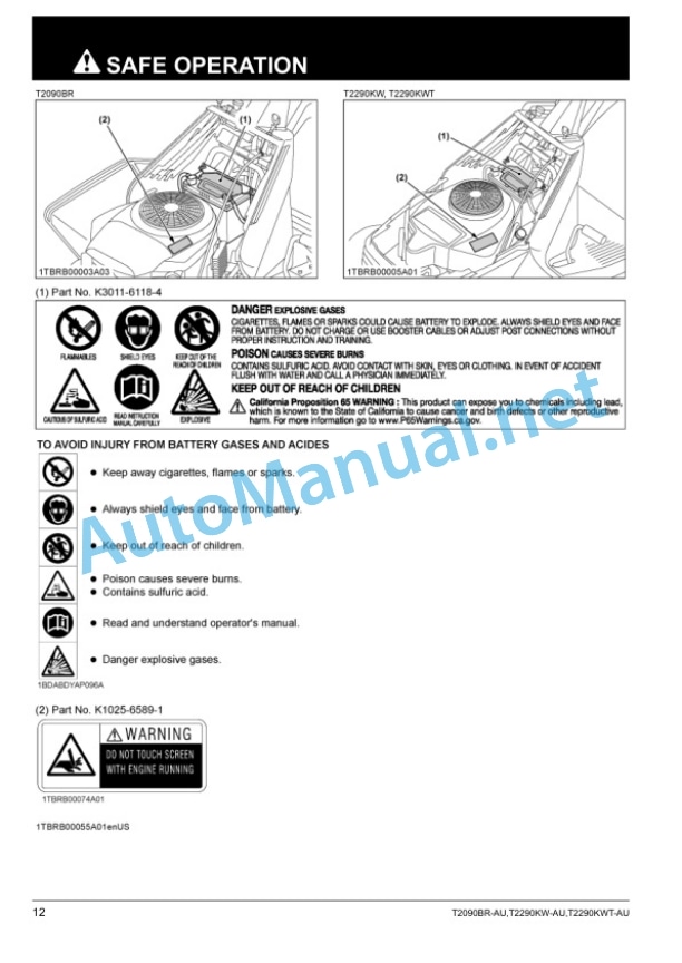 Alternative view of Kubota T2090BR-AU, T2290KW-AU, T2290KWT-AU Lawn Tractor Operators Manual PDF