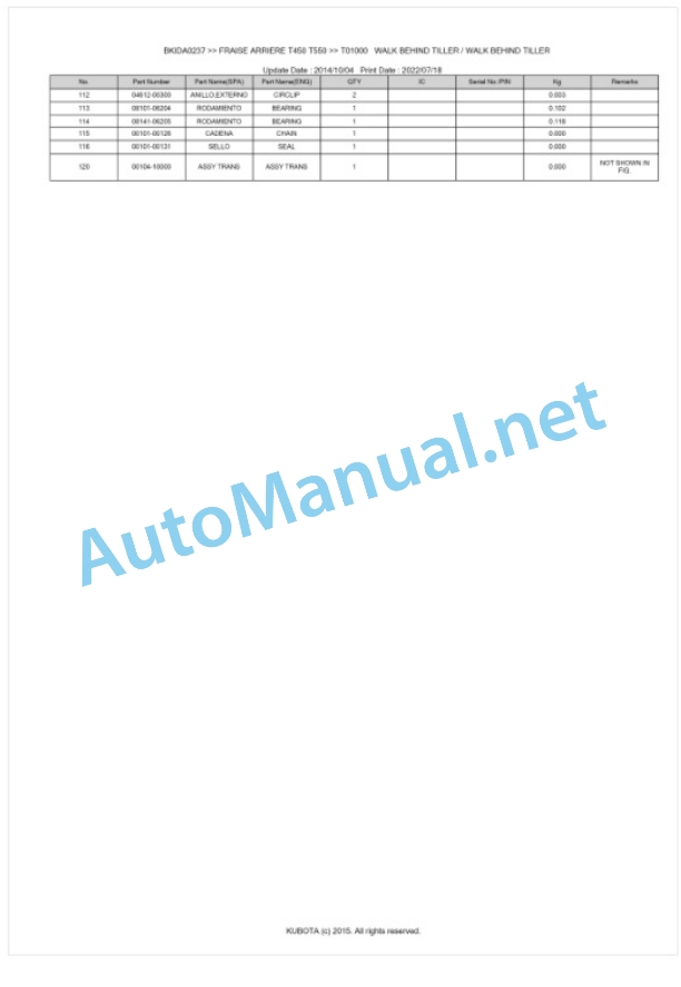 Kubota T450, T550 Fraise Arriere Parts Manual PDF BKIDA0237 3 Kubota T450, T550 Fraise Arriere Parts Manual PDF BKIDA0237-3