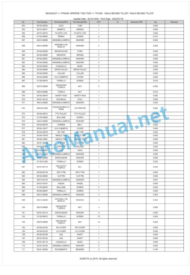 Kubota T450, T550 Fraise Arriere Parts Manual PDF BKIDA0237 4 Kubota T450, T550 Fraise Arriere Parts Manual PDF BKIDA0237-4