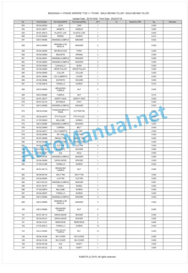 Kubota T720 Fraise Arriere Parts Manual PDF BKIDA0240 4 Kubota T720 Fraise Arriere Parts Manual PDF BKIDA0240-4