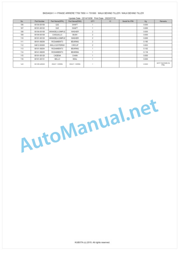 Kubota T750, T850 Fraise Arriere Parts Manual PDF BKIDA0241 3 Kubota T750, T850 Fraise Arriere Parts Manual PDF BKIDA0241-3